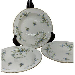 VTG Pope Gosser Fleurette China Bowls Set-of-3 Floral Gold Trim Soup Bowls Blue